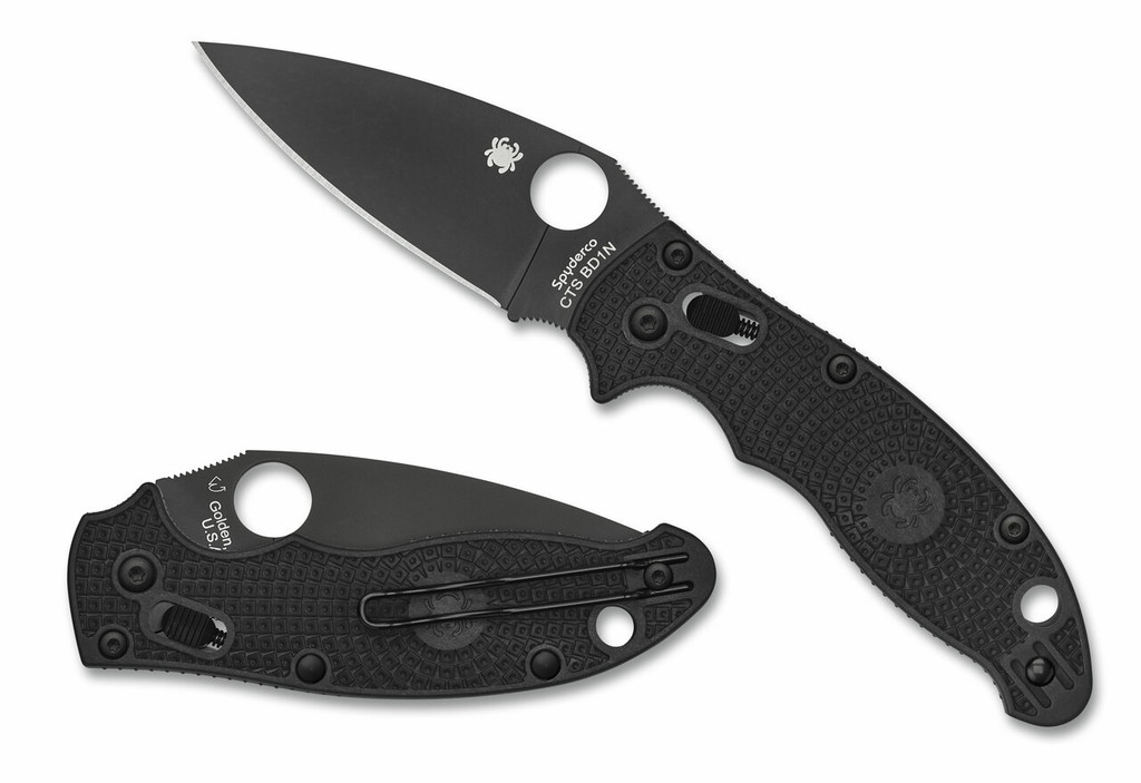 Spyderco Manix 2 Lightweight folding knife with thumb hole - shown both open presentation side and closed pocket clip side.  Black CTS-BD1N stainless steel plain edge blade.  Black FRCP handle.  Model C101PBBK2.