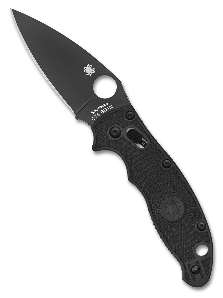 Spyderco Manix 2 Lightweight folding knife with thumb hole - shown open presentation side.  Black CTS-BD1N stainless steel plain edge blade.  Black FRCP handle.  Model C101PBBK2
