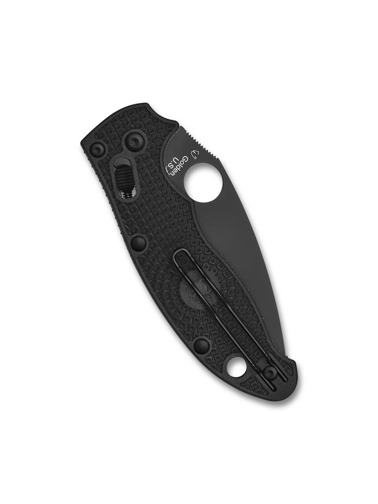 Spyderco Manix 2 Lightweight folding knife with thumb hole - shown closed pocket clip side.  Black CTS-BD1N stainless steel plain edge blade.  Black FRCP handle.  Model C101PBBK2.