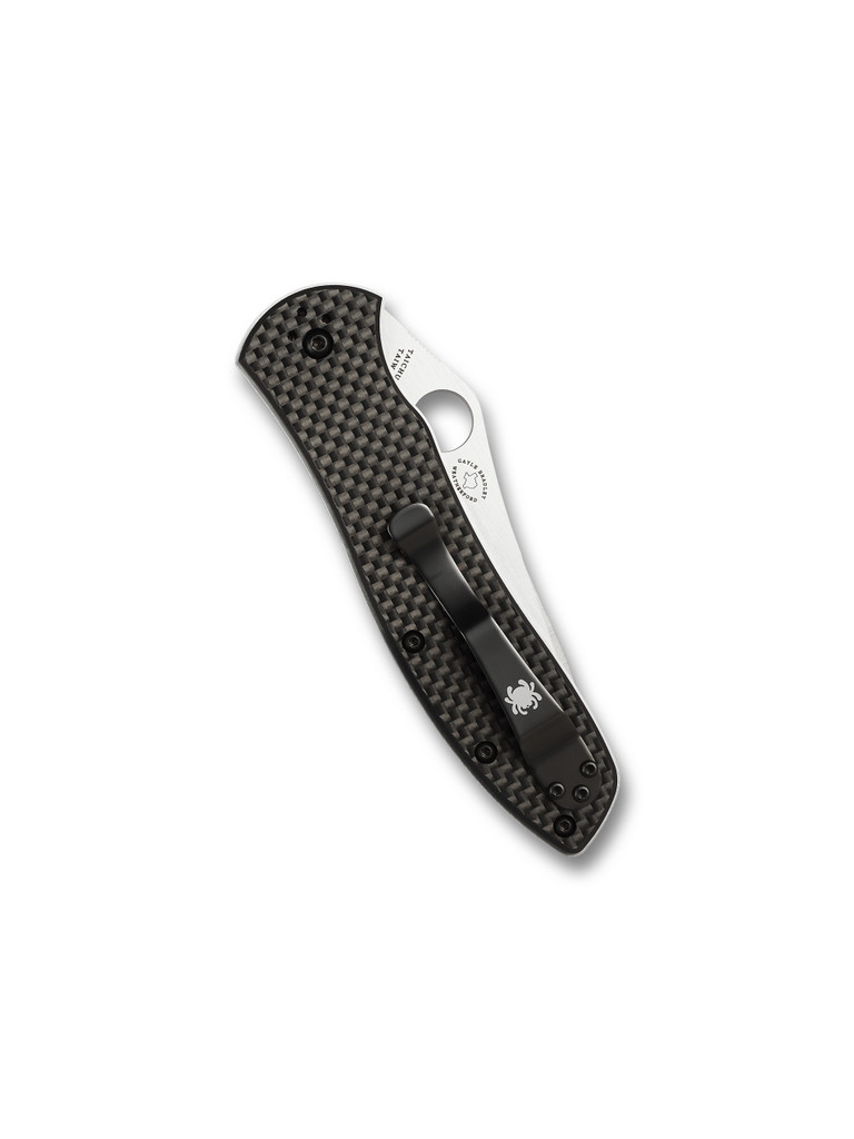 Spyderco Gayle Bradley 2 folding knife with thumb hole - shown closed pocket clip side.  Satin M4 steel plain edge blade.  Black carbon fiber and G-10 laminate handle.  Model C134CFP2.