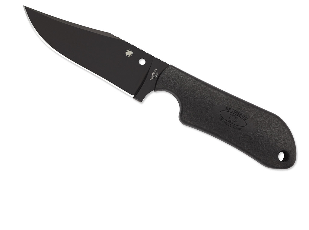 Spyderco Street Beat fixed blade knife - shown out of sheath reverse.  Black VG-10 stainless steel plain edge blade.  Black FRN handle.  Model FB15PBBK.