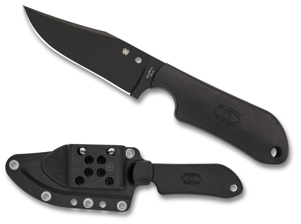 Spyderco Street Beat fixed blade knife - shown out of sheath reverse and in sheath reverse.  Black VG-10 stainless steel plain edge blade.  Black FRN handle.  Model FB15PBBK.