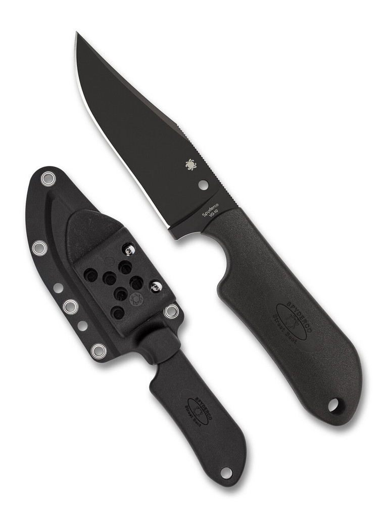 Spyderco Street Beat fixed blade knife - shown out of sheath reverse and in sheath reverse.  Black VG-10 stainless steel plain edge blade.  Black FRN handle.  Model FB15PBBK.