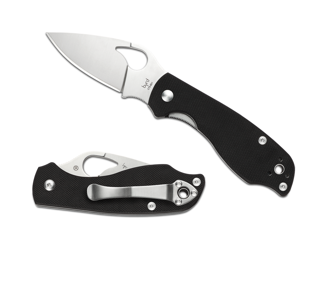 Byrd Knives Crow 2 folding knife with thumb slot - shown both open presentation side and closed pocket clip side.  Satin CTS-BD1 stainless steel plain edge blade.  Black G-10 handle.  Model BY09GP2.
For reference only.