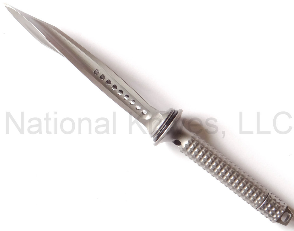 Microtech Mini Jagdkommando fixed blade knife - shown out of sheath.  Bead blast steel plain edge blade.  Bead blast stainless steel handle.  Model 105 M-7.
For reference only.