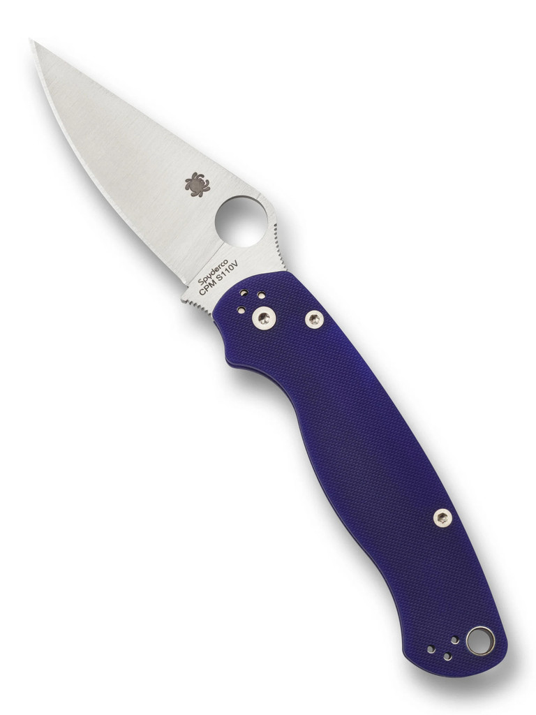 Spyderco Paramilitary 2 folding knife with thumb hole - shown open presentation side.  Satin S110V stainless steel plain edge blade.  Dark Blue G-10 handle.  Model C81GPDBL2.
