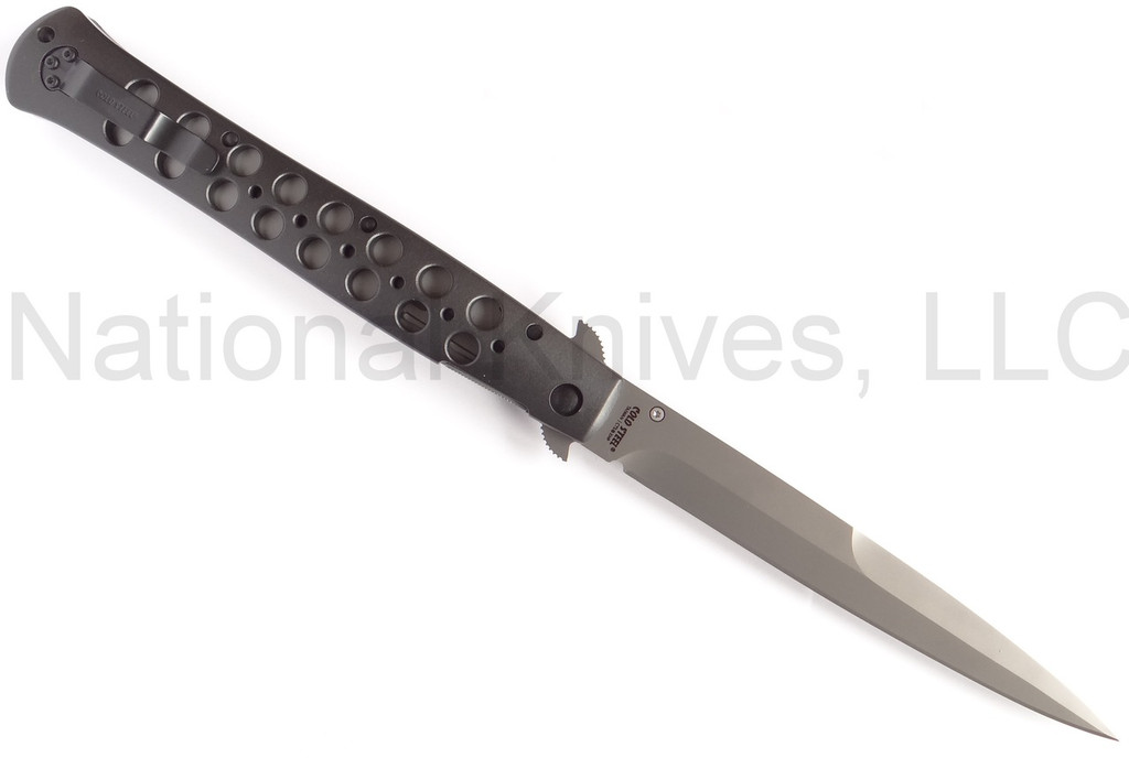 Cold Steel Ti-Lite folding knife with thumb stud - shown open pocket clip side.  CTS-XHP stainless steel plain edge blade.  Black aluminum handle.  Model 26ACSTX.  
For reference only.