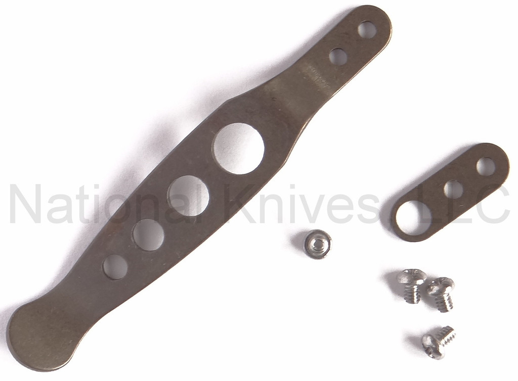 Rick Hinderer Knives Holey Pocket Clip and Filler Tab Set- obverse. Anodized Bronze titanium construction.  Model K002010HO-BR.
For reference only