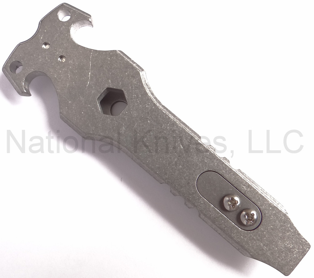 Rick Hinderer Knives HS TacTool Steel Flame pocket tool - shown obverse.  Smooth titanium construction.  Model T9000000CC.
