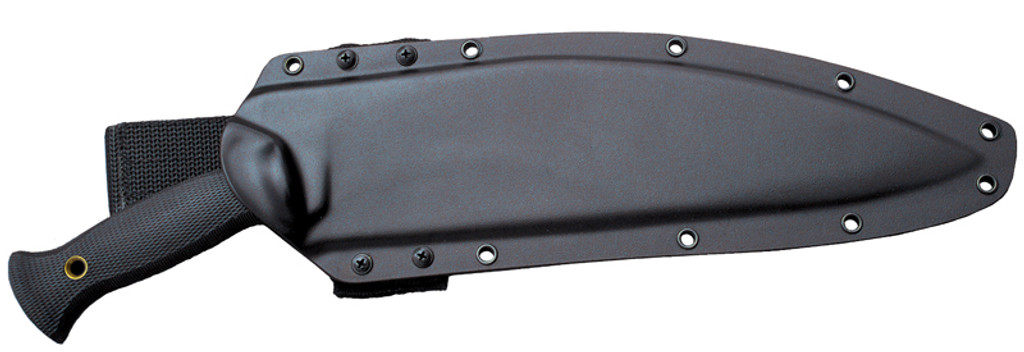 Cold Steel Gurkha Kukri fixed blade knife - shown in sheath.  VG-1 San Mai stainless steel plain edge blade.  Black Kray-Ex handle.  Model ATCJ.
For reference only.