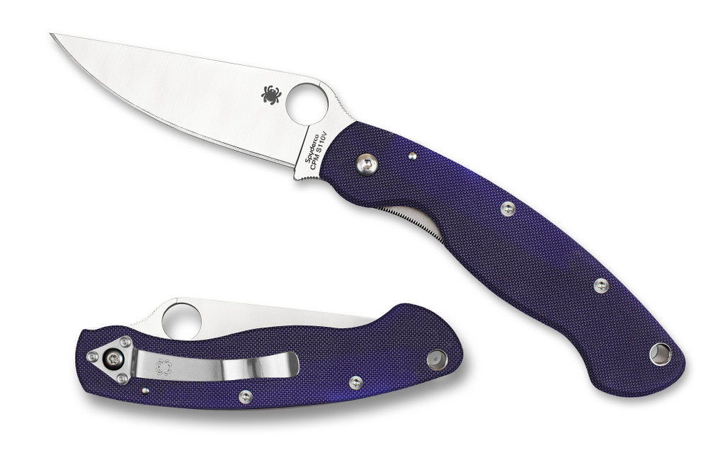 Spyderco Military folding knife with thumb hole - shown open presentation side and closed pocket clip side.  Satin S110V stainless steel plain edge blade.  Dark Blue G-10 handle.  Model C36GPDBL.