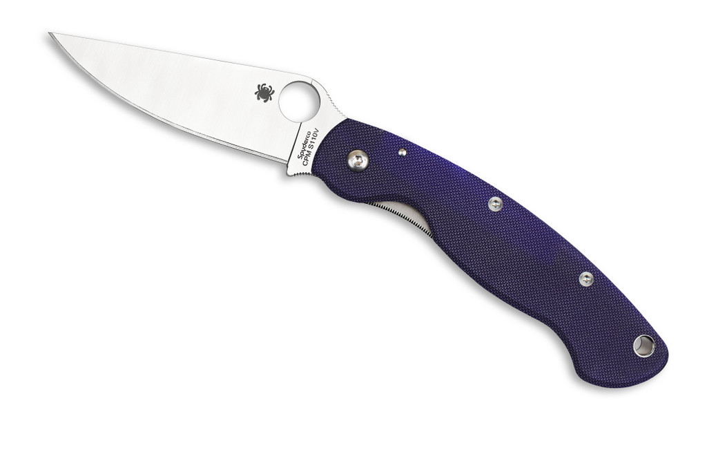 Spyderco Military folding knife with thumb hole - shown open presentation side.  Satin S110V stainless steel plain edge blade.  Dark Blue G-10 handle.  Model C36GPDBL.