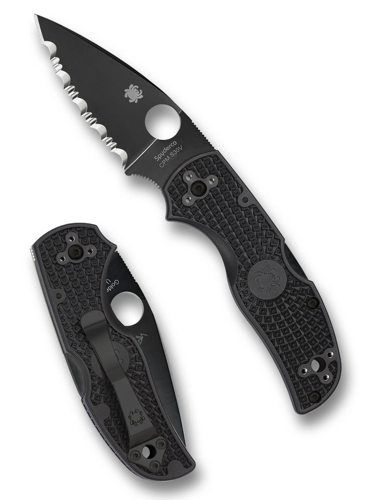 Spyderco Native 5 folding knife with thumb hole - shown open presentation side and closed pocket clip side.  Black S30V stainless steel serrated edge blade.  Black FRN handle.  Model C41SBBK5.