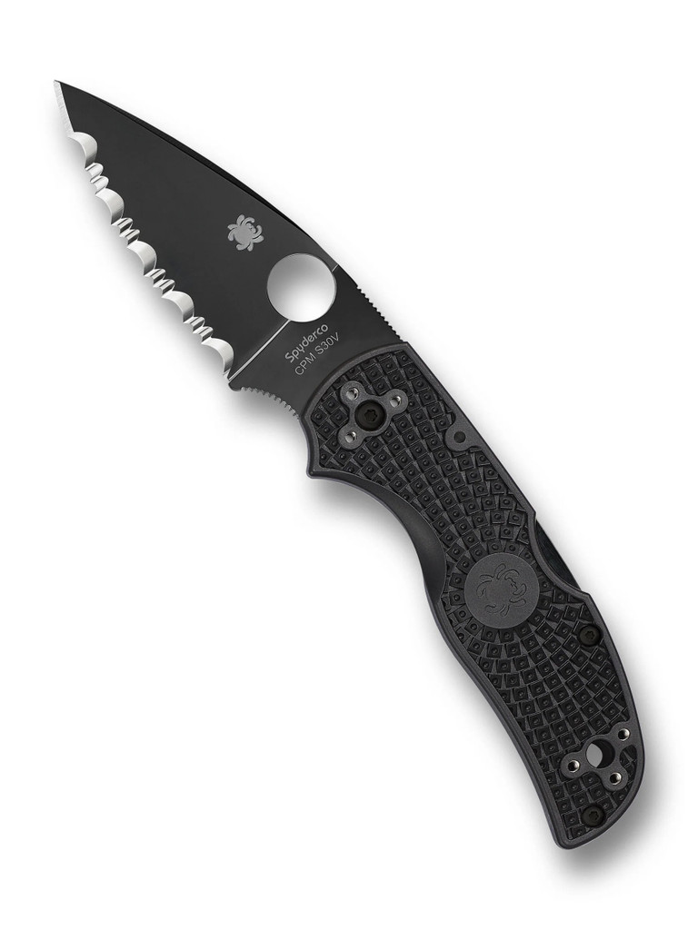 Spyderco Native 5 folding knife with thumb hole - shown open presentation side.  Black S30V stainless steel serrated edge blade.  Black FRN handle.  Model C41SBBK5.