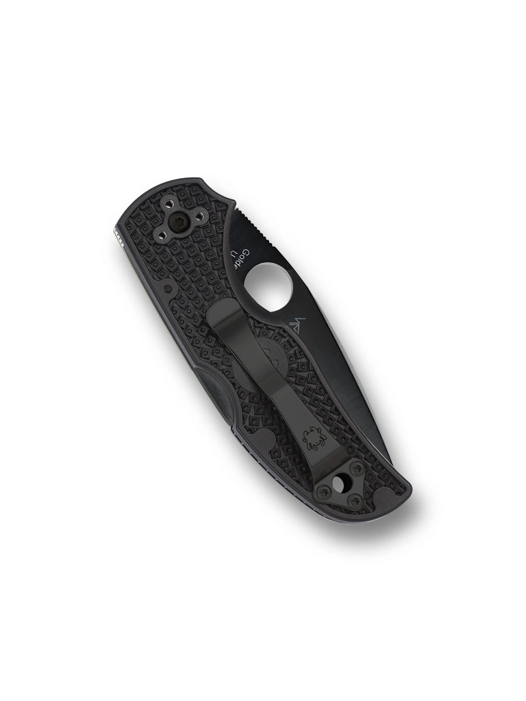 Spyderco Native 5 folding knife with thumb hole - shown closed pocket clip side.  Black S30V stainless steel serrated edge blade.  Black FRN handle.  Model C41SBBK5.