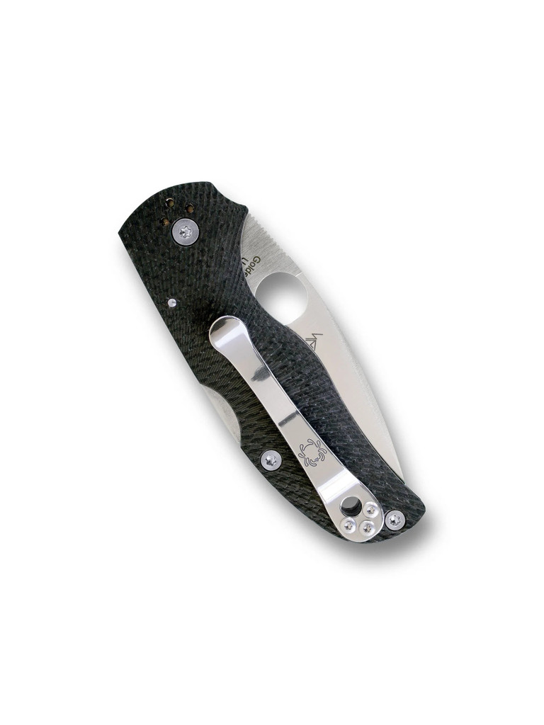 Spyderco Native 5 folding knife with thumb hole - shown closed pocket clip side.  Satin S90V stainless steel plain edge blade.  Black fluted carbon fiber handle.  Model C41CFFP5.