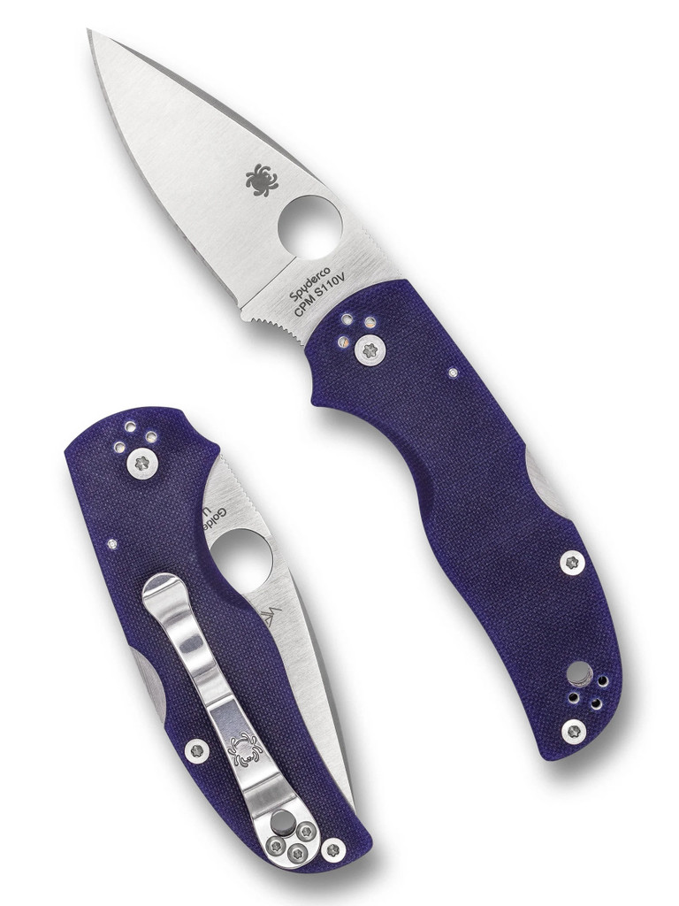 Spyderco Native 5 folding knife with thumb hole - shown open presentation side and closed pocket clip side.  Satin S110V stainless steel plain edge blade.  Dark Blue G-10 handle.  Model C41GPDBL5.
