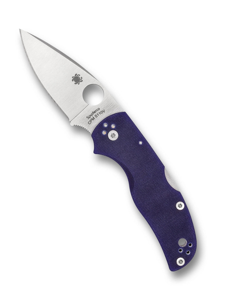 Spyderco Native 5 folding knife with thumb hole - shown open presentation side.  Satin S110V stainless steel plain edge blade.  Dark Blue G-10 handle.  Model C41GPDBL5.
