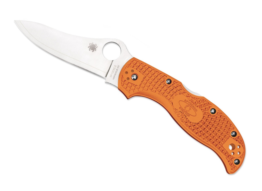 Spyderco Stretch Sprint Run folding knife with thumb hole - shown open presentation side.  Satin HAP40 and SUS410 laminated steel plain edge blade.  Orange FRN handle.  Model C90FPBORE.
For reference only.