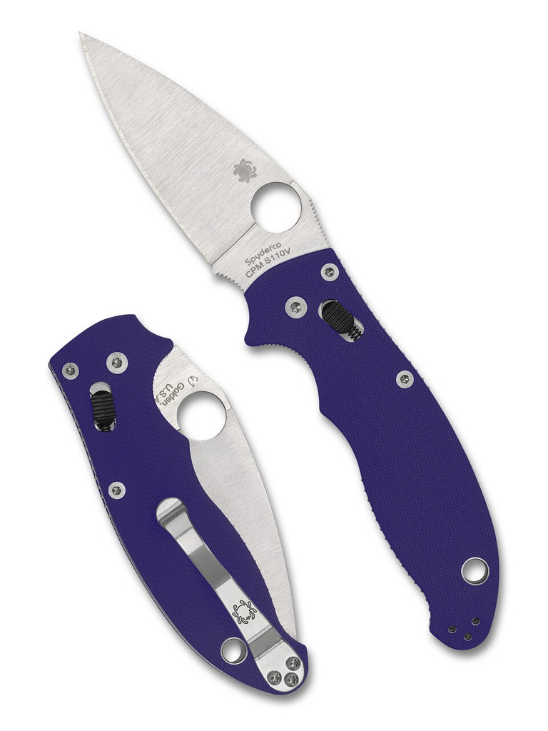 Spyderco Manix 2 folding knife with thumb hole - shown both open presentation side and closed pocket clip side.  S110V stainless steel plain edge blade.  Blue G-10 handle.  Model C101GPDBL2.