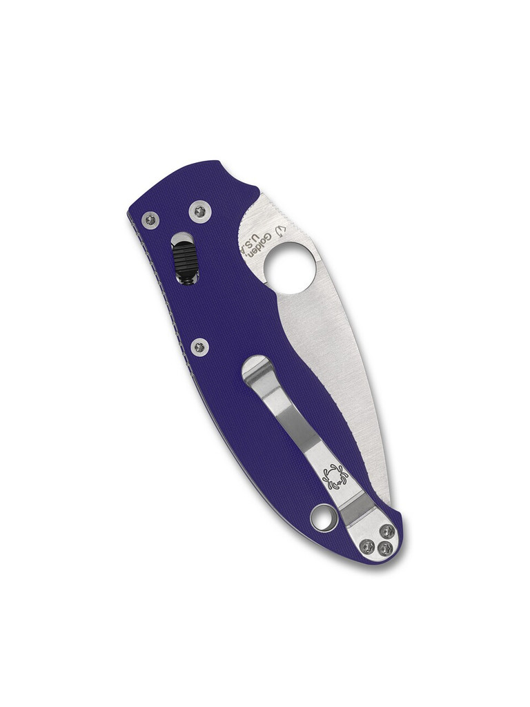 Spyderco Manix 2 folding knife with thumb hole - shown closed pocket clip side.  S110V stainless steel plain edge blade.  Blue G-10 handle.  Model C101GPDBL2.
