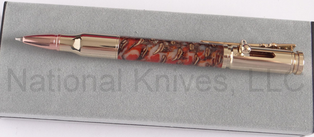 Finney Knives custom bullet ink pen with bolt action opener - shown open.  Douglas Fir pinecone barrel.  Model FPEN1.
For reference only.