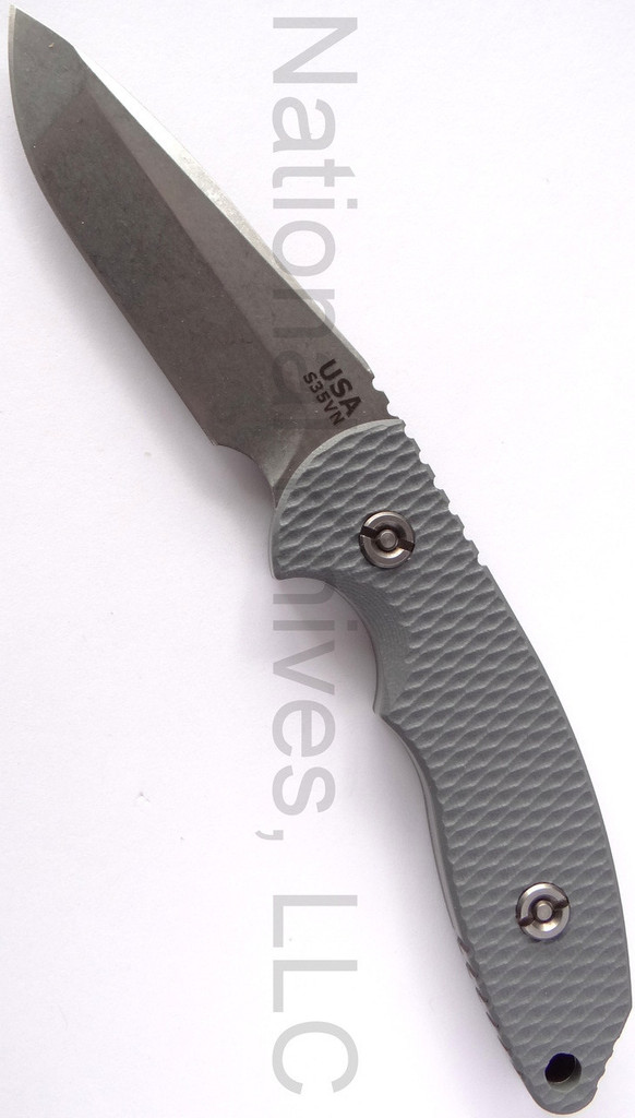 Rick Hinderer Knives FXM Spanto fixed blade knife - shown out of sheath reverse.  Stonewash S35VN stainless steel plain edge blade.  Battleship Grey G-10 handle.  Model K6012000SP.