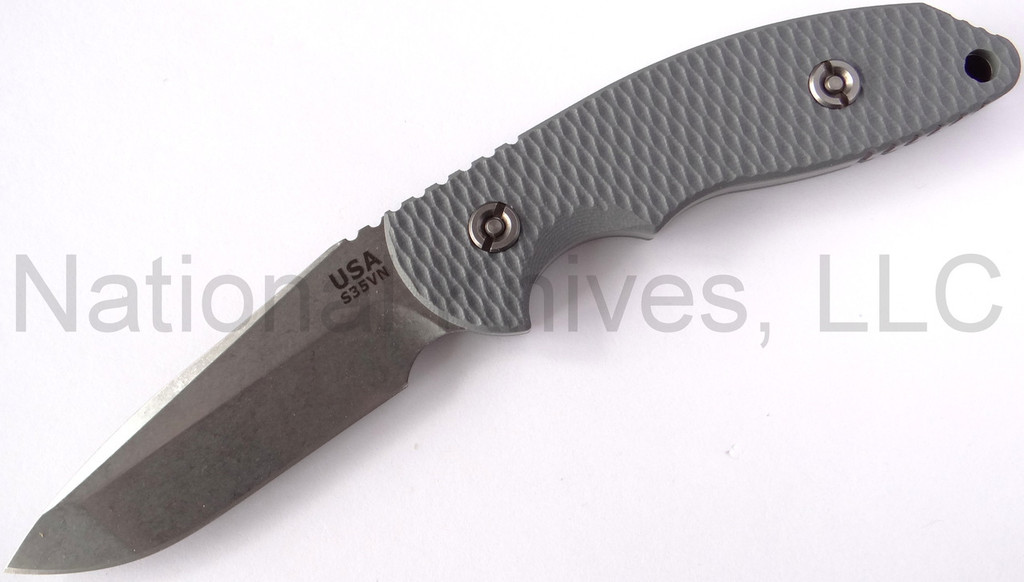 Rick Hinderer Knives FXM Spanto fixed blade knife - shown out of sheath reverse.  Stonewash S35VN stainless steel plain edge blade.  Battleship Grey G-10 handle.  Model K6012000SP.