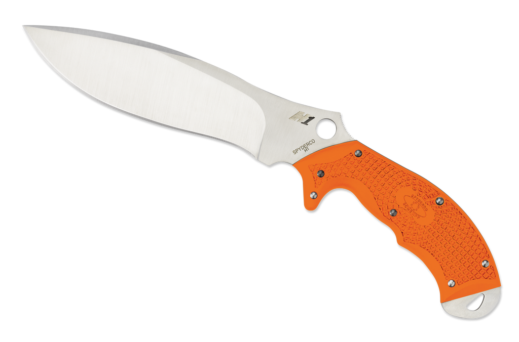 Spyderco Rock Salt Sprint Run fixed blade knife - shown out of sheath reverse.  Satin H-1 stainless steel plain edge blade.  Orange FRN handle.  Model FB20POR.
For reference only.