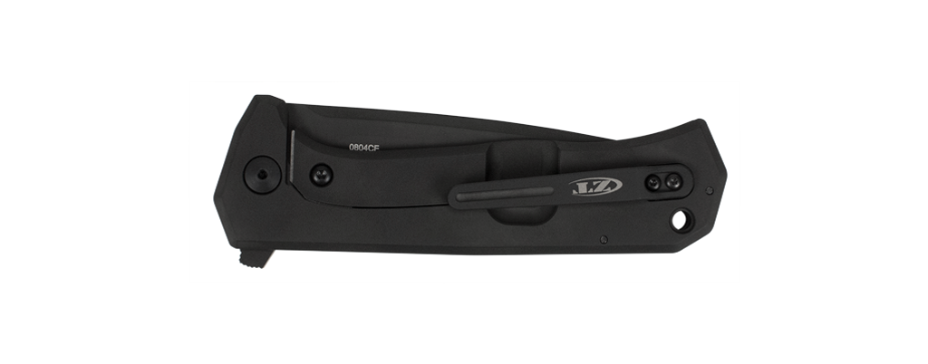 Zero Tolerance 0804CF folding knife with flipper tab - closed - lock side.  Black CTS-204P stainless steel plain edge blade.  Black carbon fiber handle with a black titanium lock side.  Model 0804CF.
For reference only.