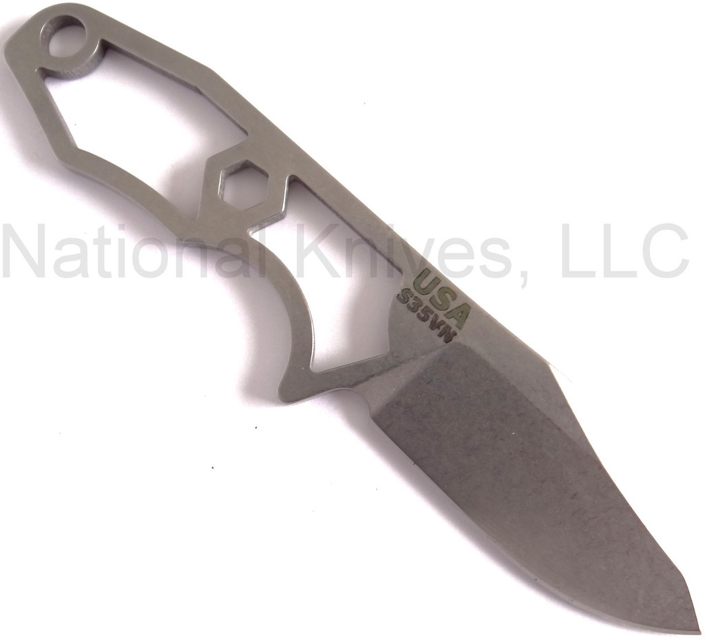 Rick Hinderer Knives LP-1 fixed blade knife - shown out of sheath reverse.  Stonewash S35VN stainless steel plain edge blade and handle.  Model K600003500.