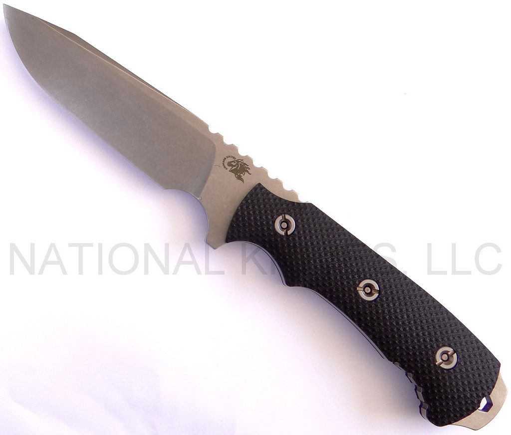 Rick Hinderer Knives FieldTac 5.5 fixed blade knife - shown out of sheath reverse.  Stonewash S35VN stainless steel plain edge blade.  Black G-10 handle.  Model K60250SP00.