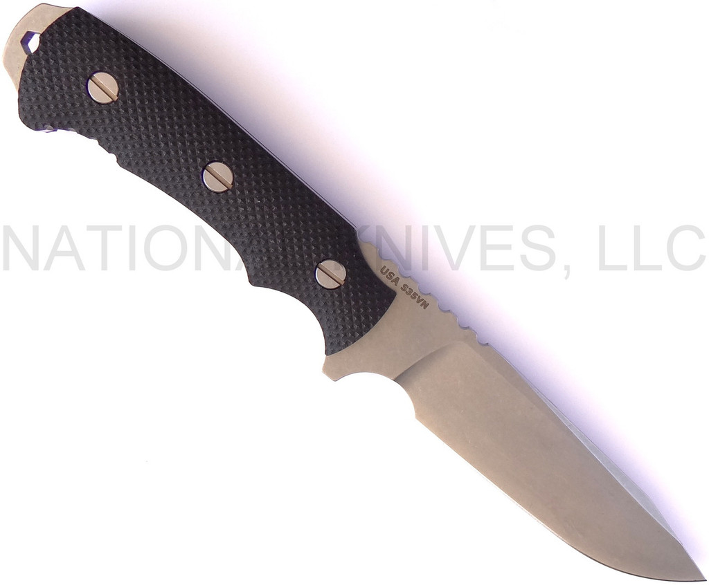 Rick Hinderer Knives FieldTac 5.5 fixed blade knife - shown out of sheath obverse.  Stonewash S35VN stainless steel plain edge blade.  Black G-10 handle.  Model K60250SP00.