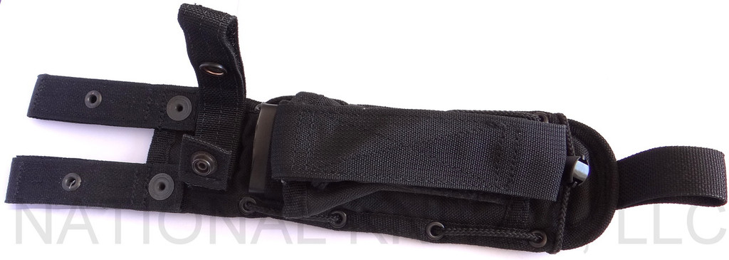 Rick Hinderer Knives FieldTac 5.5 fixed blade knife - black nylon sheath only shown obverse.  Stonewash S35VN stainless steel plain edge blade.  Black G-10 handle.  Model K60250SP00.
