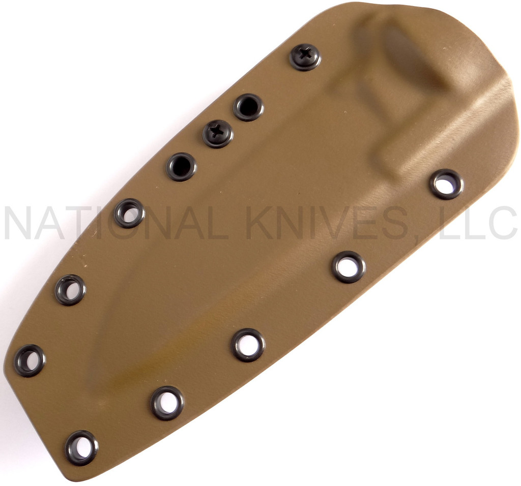 Rick Hinderer Knives FieldTac 5.5 fixed blade knife - FDE Kydex sheath only shown obverse.  Stonewash S35VN stainless steel plain edge blade.  Black G-10 handle.  Model K60250SP00.