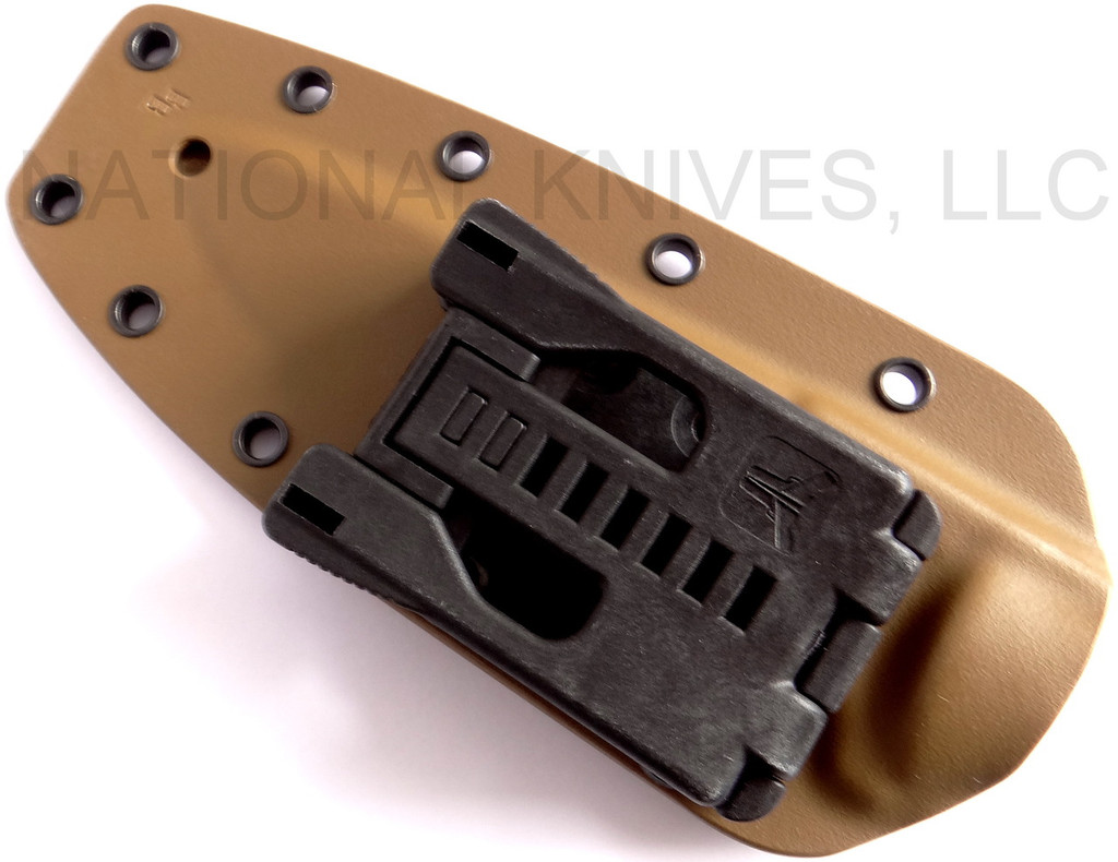 Rick Hinderer Knives FieldTac 5.5 fixed blade knife - FDE Kydex sheath only shown reverse.  Stonewash S35VN stainless steel plain edge blade.  Black G-10 handle.  Model K60250SP00.