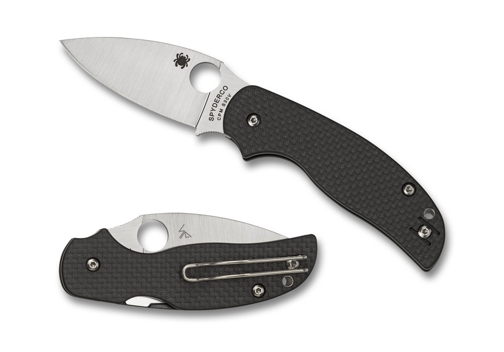 Spyderco Sage 5 Compression Lock folding knife with thumb hole - shown open presentation side and closed pocket clip side.  Satin S30V stainless steel plain edge blade.  Black carbon fiber and G-10 laminate handle.  Model C123CFPCL.
For reference only.