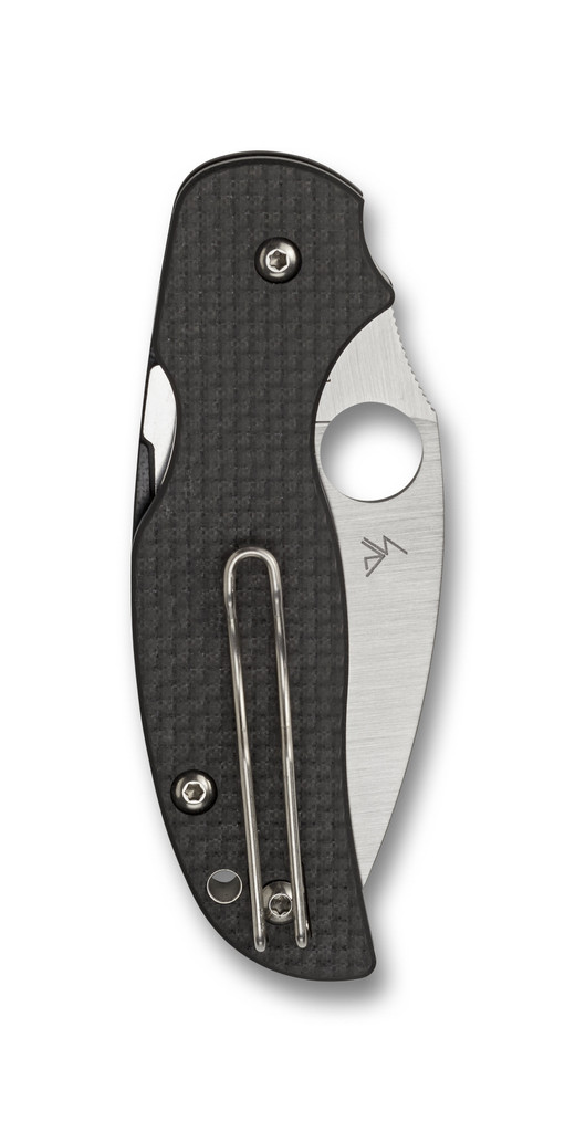 Spyderco Sage 5 Compression Lock folding knife with thumb hole - shown closed pocket clip side.  Satin S30V stainless steel plain edge blade.  Black carbon fiber and G-10 laminate handle.  Model C123CFPCL.
For reference only.