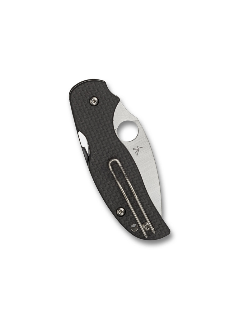 Spyderco Sage 5 Compression Lock folding knife with thumb hole - shown closed pocket clip side.  Satin S30V stainless steel plain edge blade.  Black carbon fiber and G-10 laminate handle.  Model C123CFPCL.
For reference only.