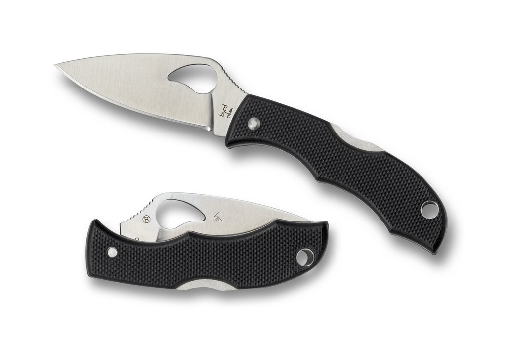 Byrd Knives Starling 2 folding knife with thumb slot - shown both open presentation side and closed pocket clip side.  Satin 8Cr13MoV stainless steel plain edge blade.  Black G-10 handle.  Model BY12GP2.
For reference only.
