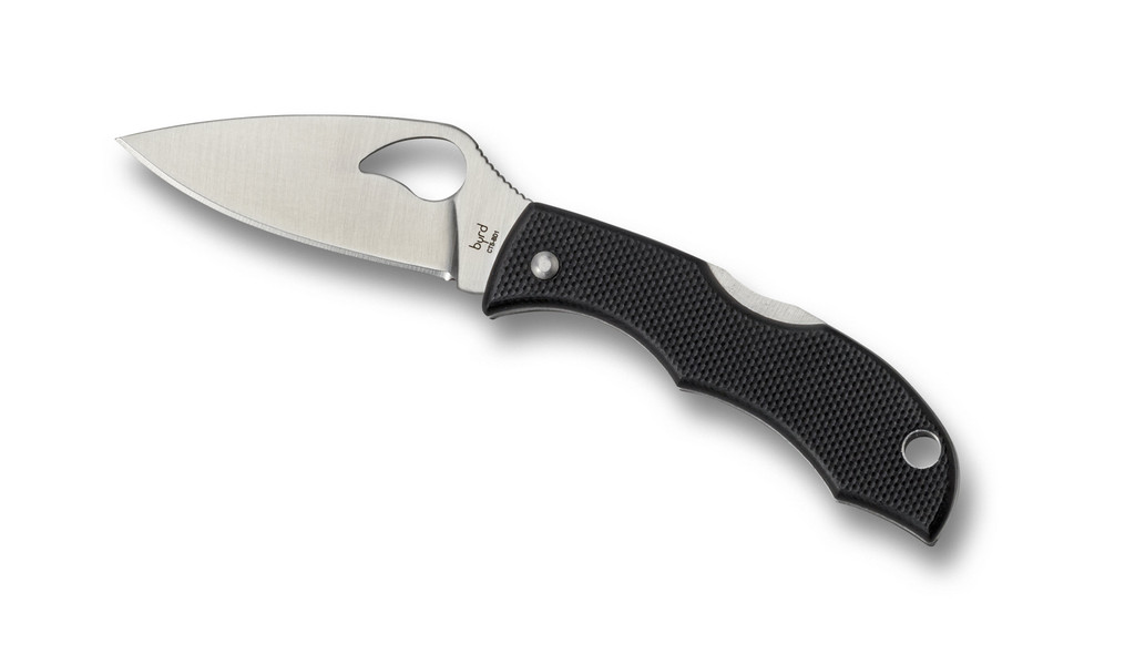 Byrd Knives Starling 2 folding knife with thumb slot - shown open presentation side.  Satin 8Cr13MoV stainless steel plain edge blade.  Black G-10 handle.  Model BY12GP2.
For reference only.