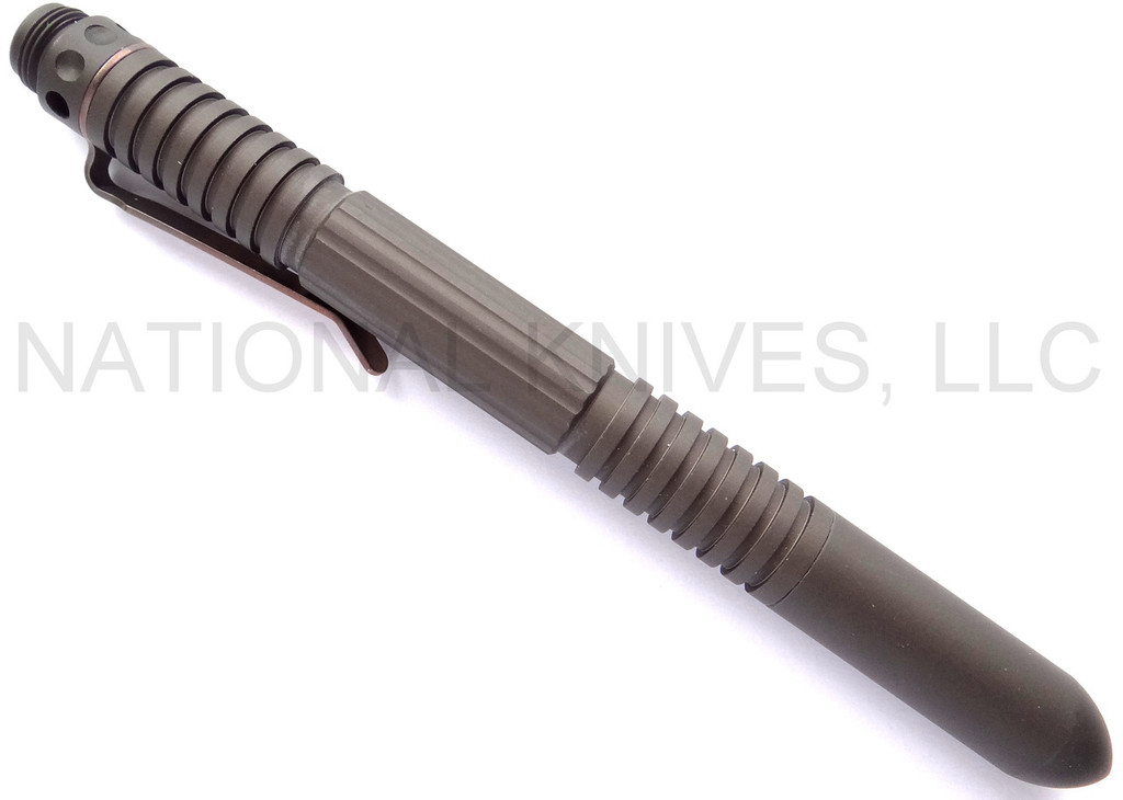 Rick Hinderer Knives Extreme Duty ink pen - shown with cap on.  Earth Drab aluminum construction.  Model P5802004SM.
For reference only.
