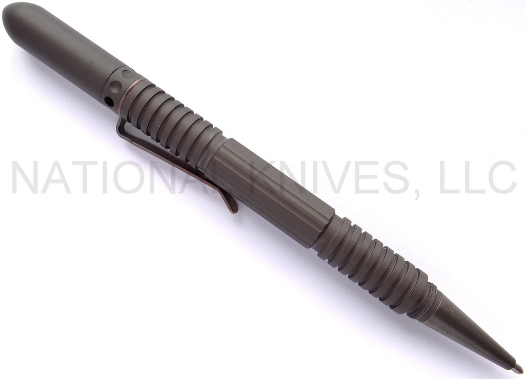 Rick Hinderer Knives Extreme Duty ink pen - shown with cap attached to back.  Earth Drab aluminum construction.  Model P5802004SM.
For reference only.
