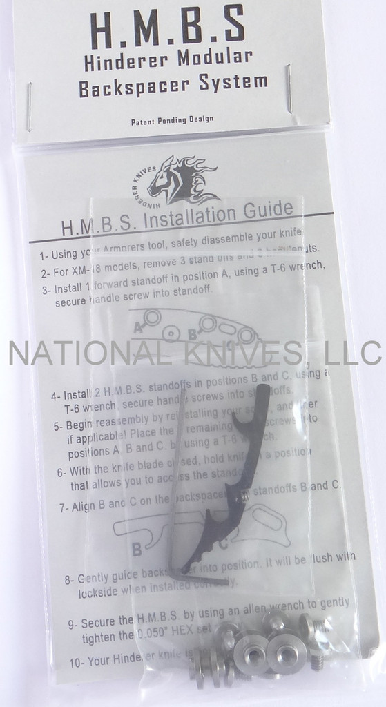 Rick Hinderer Knives Standard Hinderer Modular Backspacer System (HMBS) to fit XM-18 3.5" - shown in package obverse.  Black aluminum construction.  Model K450210400.
