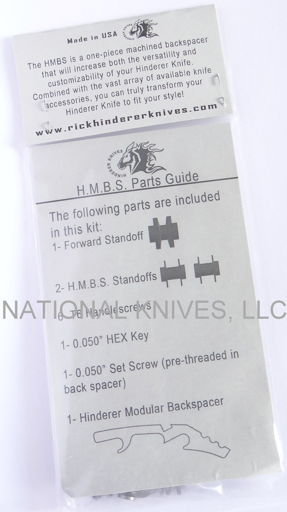 Rick Hinderer Knives Standard Hinderer Modular Backspacer System (HMBS) to fit XM-18 3.5" - shown in package reverse.  Black aluminum construction.  Model K450210400.