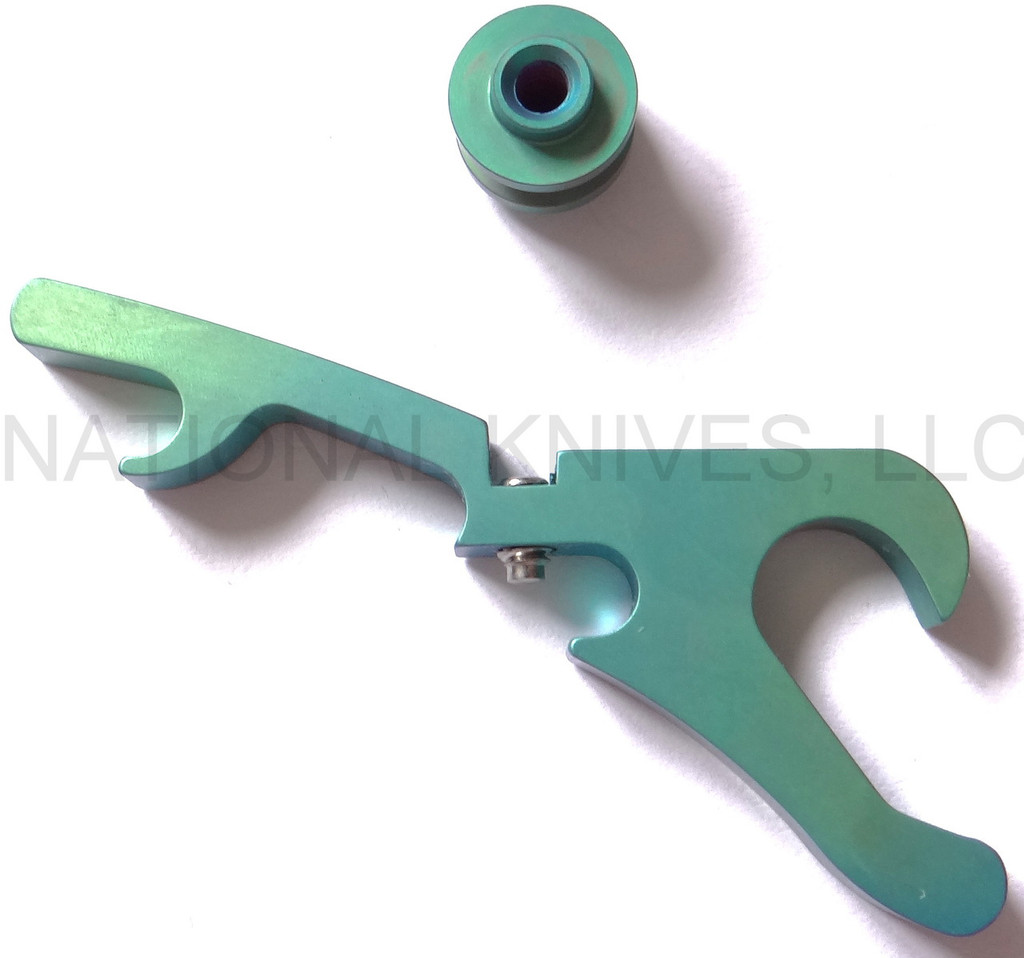 Rick Hinderer Knives Bottle Opener Hinderer Modular Backspacer System (HMBS) to fit XM-18 3.5" - shown not installed on knife.  Anodized teal/green titanium construction.  Model K4502101BO.