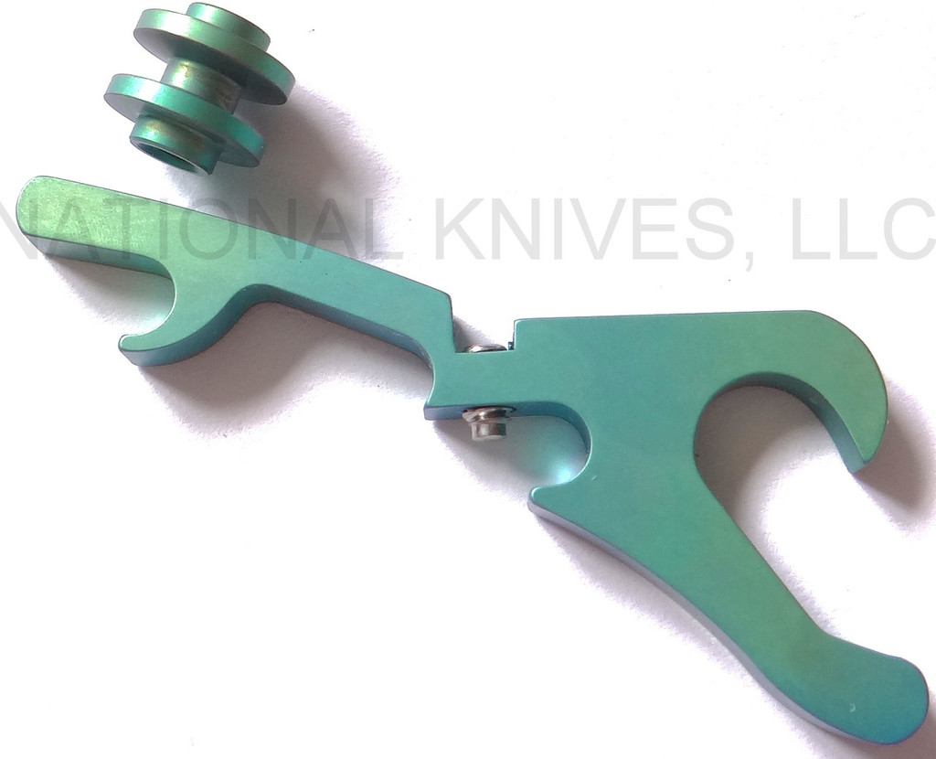 Rick Hinderer Knives Bottle Opener Hinderer Modular Backspacer System (HMBS) to fit XM-18 3.5" - shown not installed on knife.  Anodized teal/green titanium construction.  Model K4502101BO.