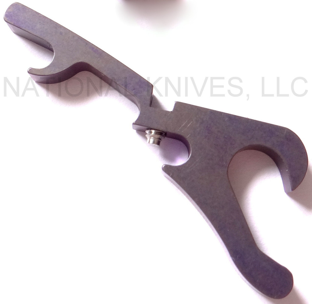 Rick Hinderer Knives Bottle Opener Hinderer Modular Backspacer System (HMBS) to fit XM-18 3.5" - shown not installed on knife.  Anodized purple titanium construction.  Model K4502101BO.