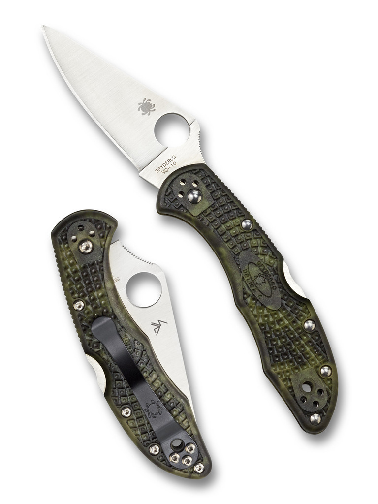 Spyderco Delica 4 folding knife with thumb hole - shown open presentation side and closed pocket clip side.  Satin VG-10 stainless steel plain edge blade.  Zome green FRN handle.  Model C11ZFPGR.