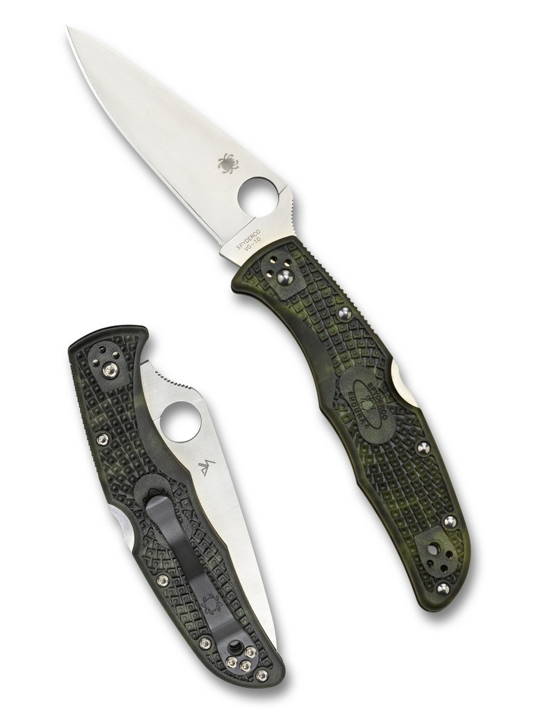 Spyderco Endura 4 folding knife with thumb hole - shown open presentation side and closed pocket clip side.  Satin VG-10 stainless steel plain edge blade.  Zome green FRN handle.  Model C10ZFPGR.